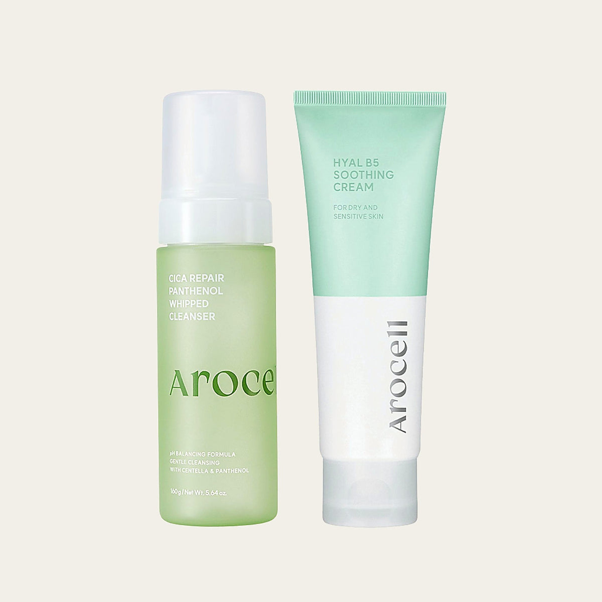Microneedling post care duo: Arocell Cica Repair Panthenol Whipped Cleanser and Hyal B5 Soothing Cream on a beige background